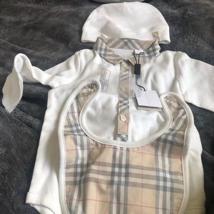 Burberry Onesie, Bib & Cap Set NWT
